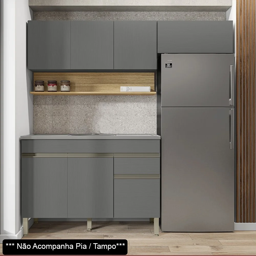 Armário de Cozinha 3 Peças Balcão sem Tampo 120cm Lina02 Z06 Gris/Freijó - Mpozenato