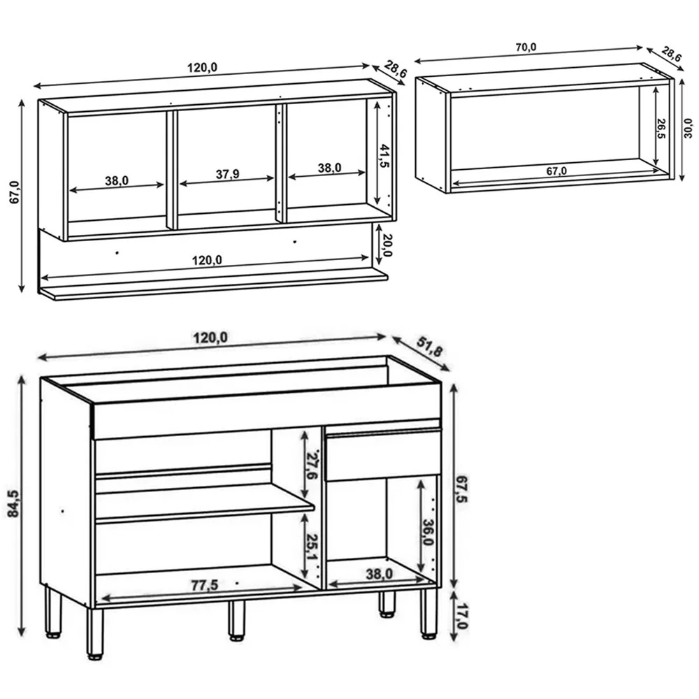 Armário de Cozinha 3 Peças Balcão sem Tampo 120cm Lina02 Z06 Supremo/Freijó - Mpozenato