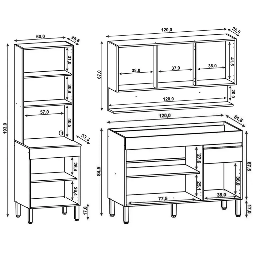 Armário de Cozinha 3 Peças Balcão 120cm sem Tampo Lina03 Z06 Gris/Freijó - Mpozenato