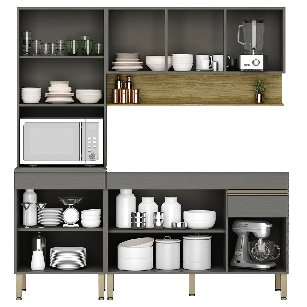 Armário de Cozinha 3 Peças Balcão 120cm sem Tampo Lina03 Z06 Gris/Freijó - Mpozenato