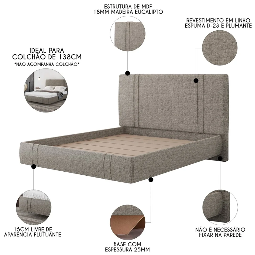 Cama Casal Flutuante Com Cabeceira 140cm Lyra S05 Linho Marrom - Mpozenato