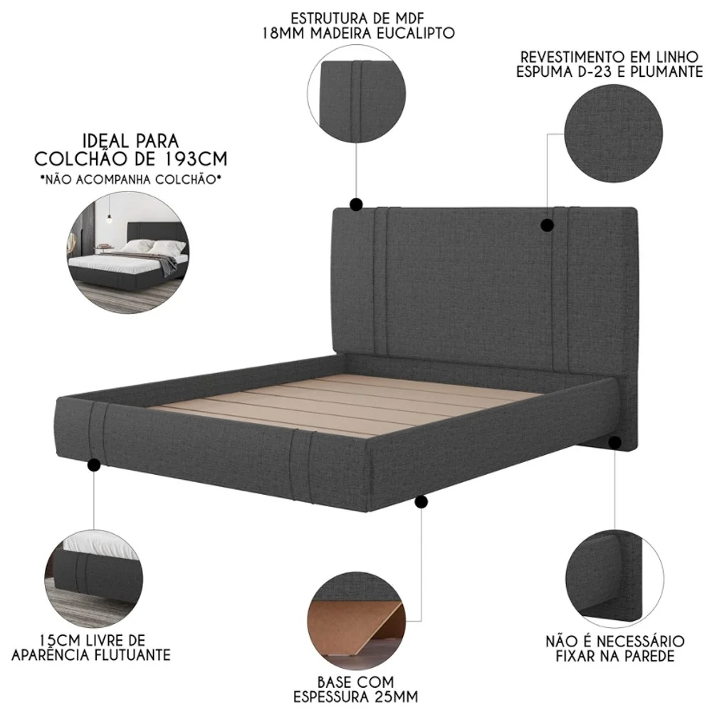Cama King Flutuante Com Cabeceira 195cm Lyra S05 Linho Preto - Mpozenato