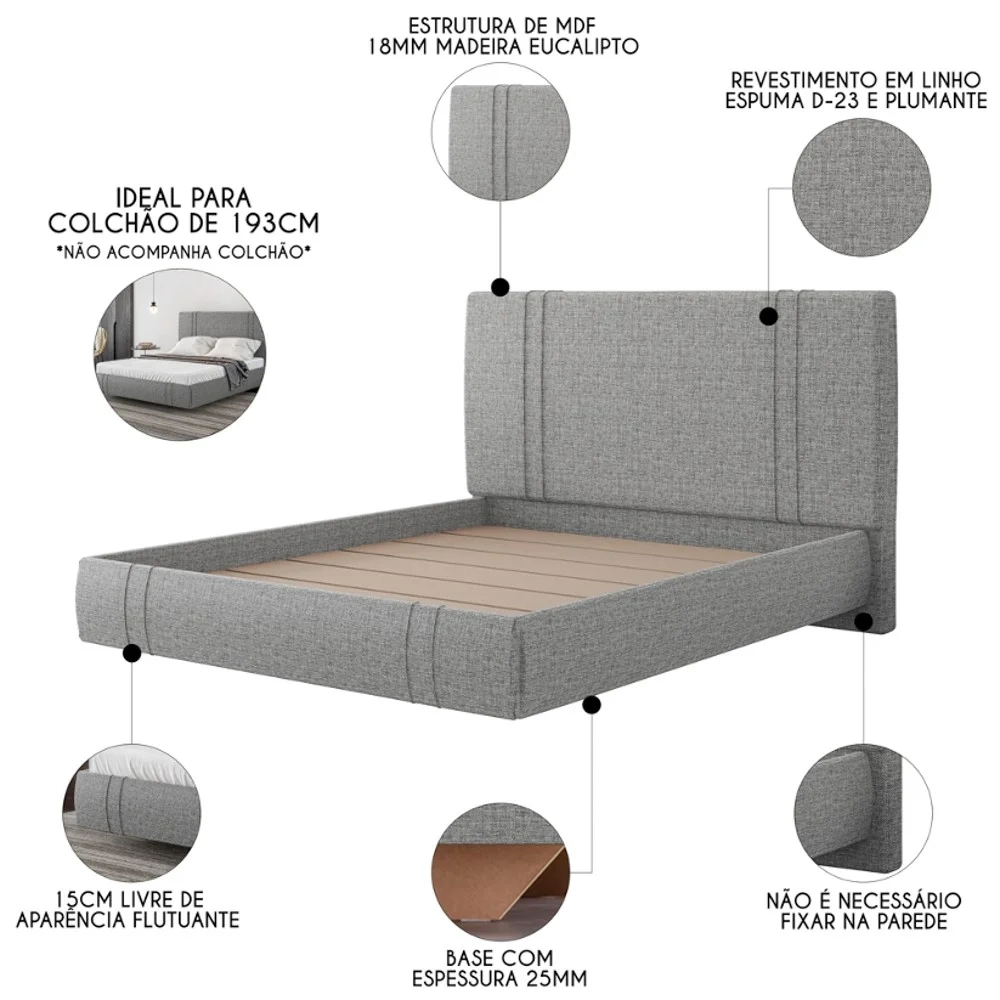 Cama King Flutuante Com Cabeceira 195cm Lyra S05 Linho Cinza - Mpozenato