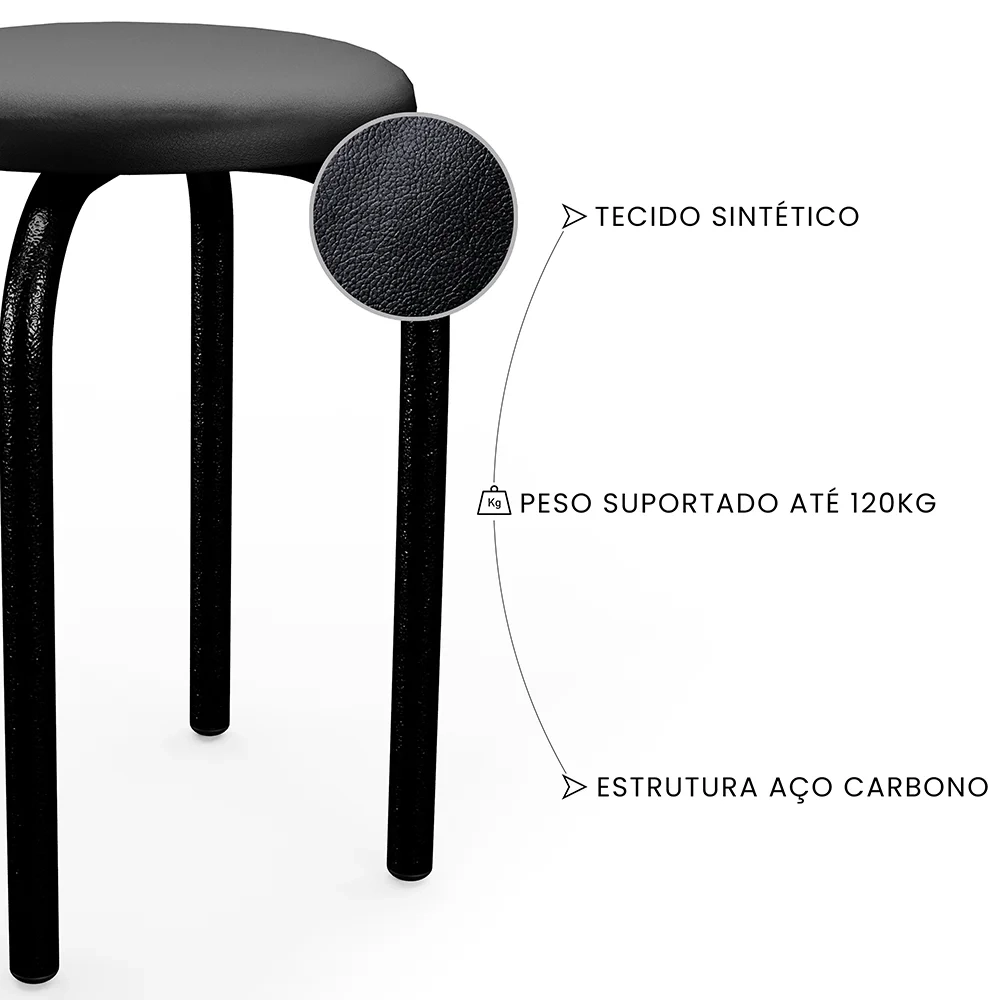 Kit 8 Banquetas Baixas Empilháveis em Aço Maviê Sintético Preto - Mpozenato