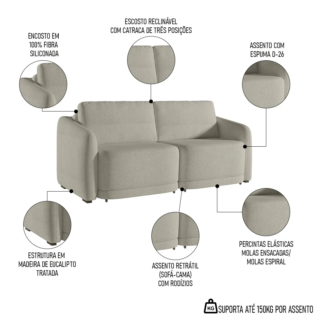 Sofá Cama Casal para Sala 176cm Polska Z08 Boucle Bege - Mpozenato