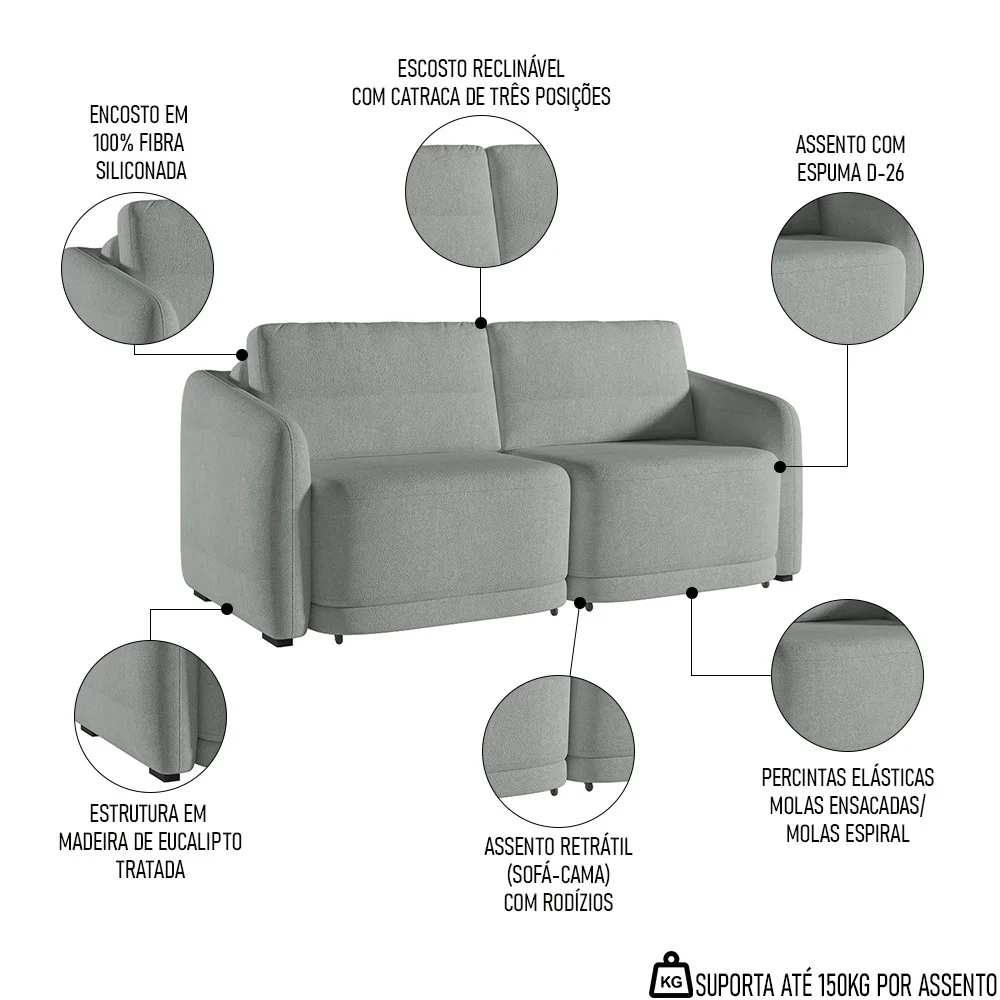 Sofá Cama Casal para Sala 176cm Polska Z08 Boucle Cinza Claro - Mpozenato