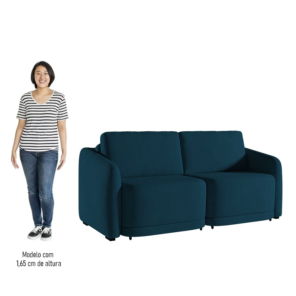 Sofá Cama Casal para Sala 176cm Polska Z08 Veludo Azul - Mpozenato