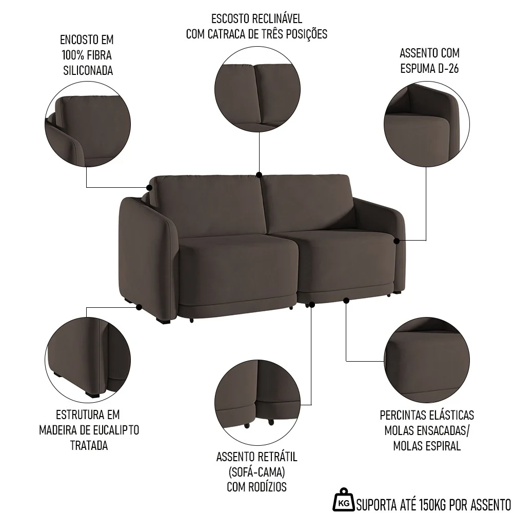 Sofá Cama Casal para Sala 176cm Polska Z08 Veludo Marrom - Mpozenato