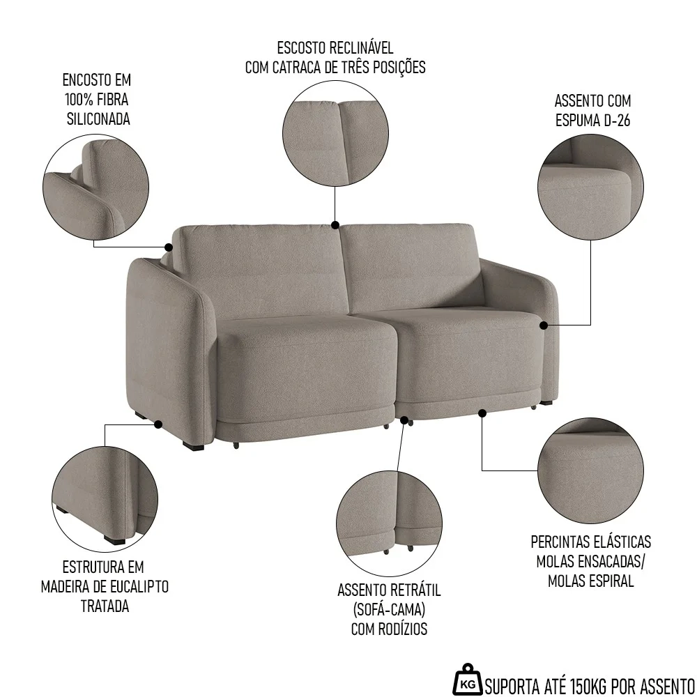 Sofá Cama Casal para Sala 196cm Polska Z08 Boucle Bege Escuro - Mpozenato