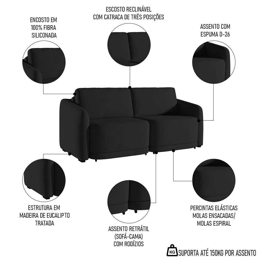 Sofá Cama Casal para Sala 196cm Polska Z08 Veludo Preto - Mpozenato