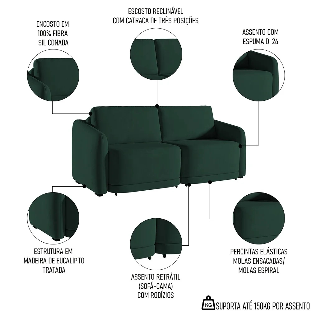 Sofá Cama Casal para Sala 196cm Polska Z08 Veludo Verde - Mpozenato