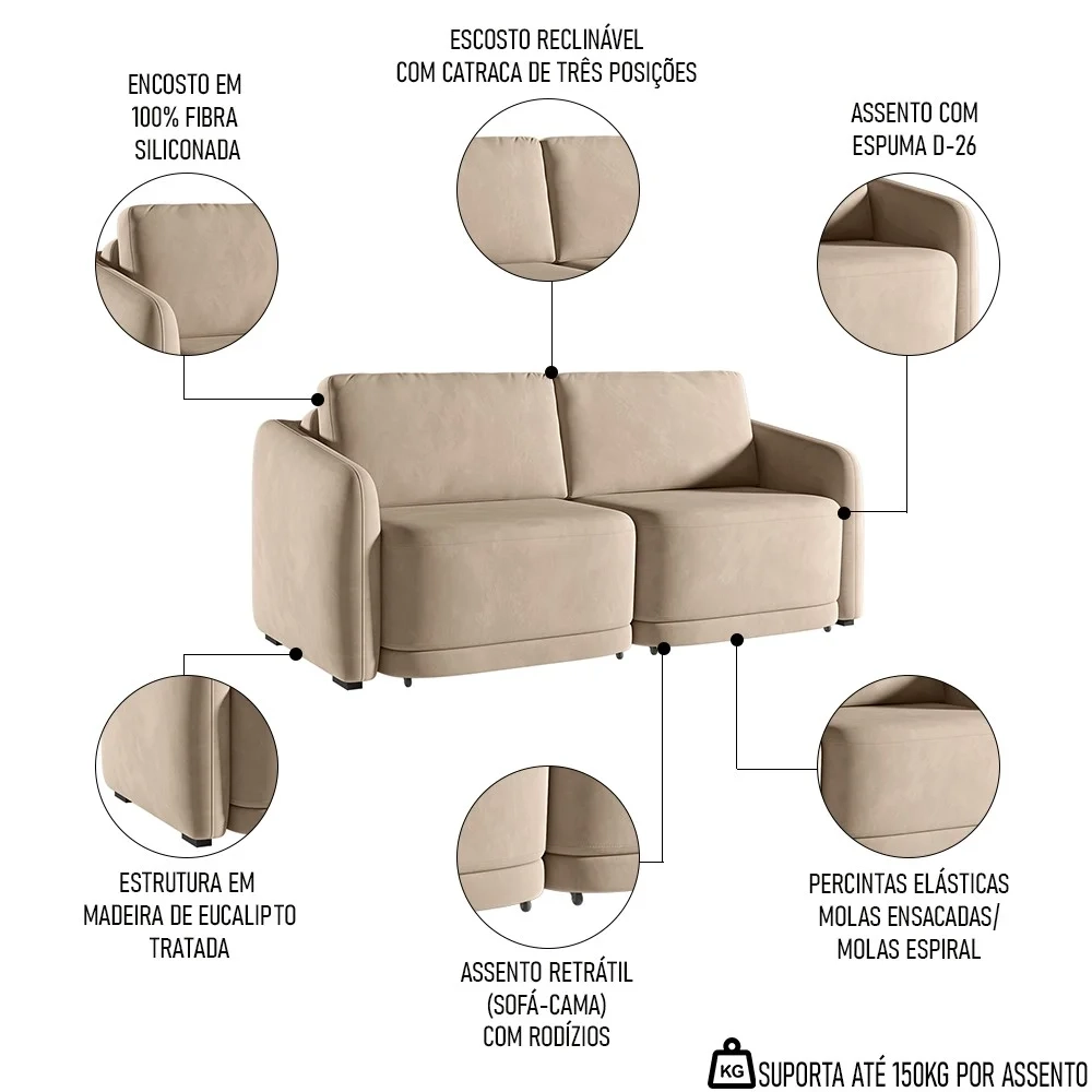 Sofá Cama Casal para Sala 216cm Polska Z08 Veludo Bege - Mpozenato