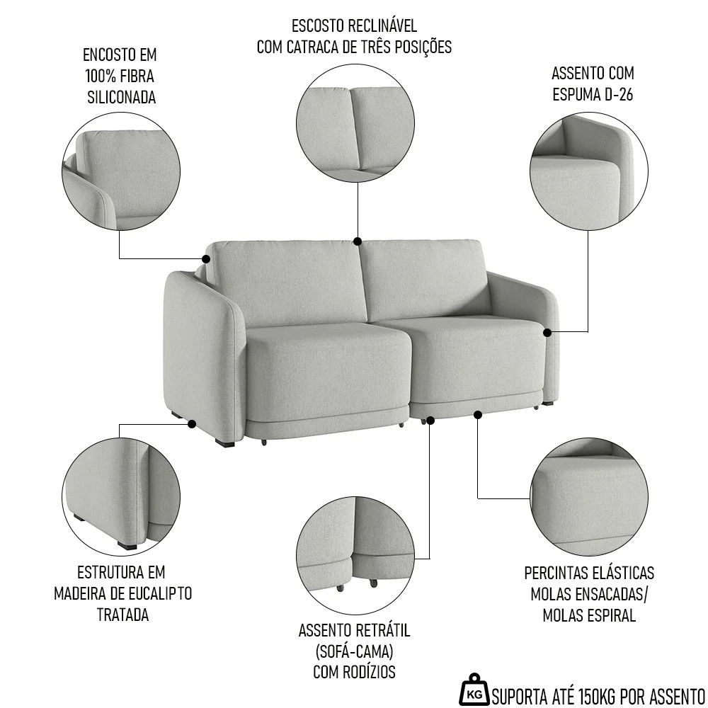 Sofá Cama Casal para Sala 236cm Polska Z08 Linho Cinza - Mpozenato