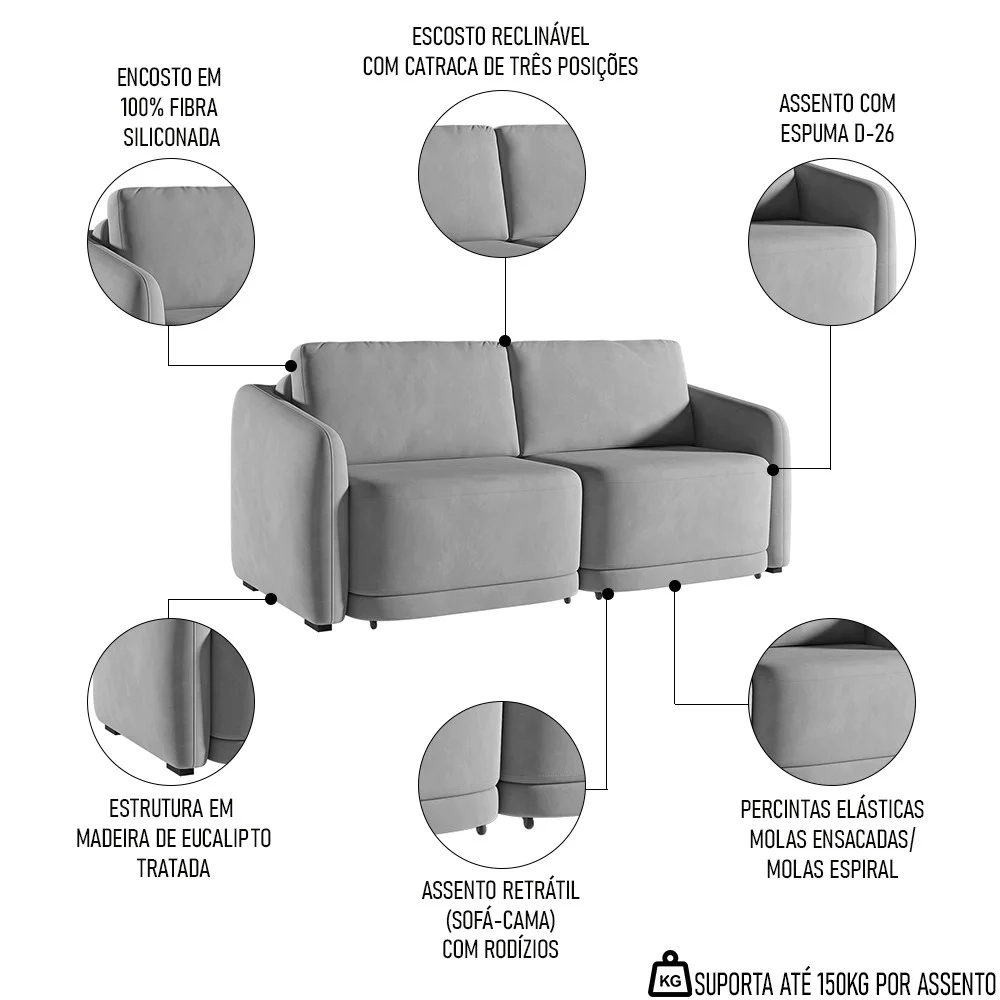 Sofá Cama Casal para Sala 236cm Polska Z08 Veludo Cinza - Mpozenato