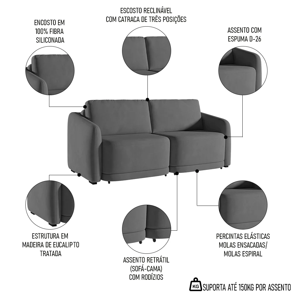 Sofá Cama Casal para Sala 236cm Polska Z08 Veludo Cinza Escuro - Mpozenato