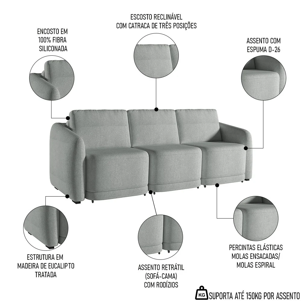 Sofá Cama Casal para Sala 246cm Polska Z08 Boucle Cinza Claro - Mpozenato