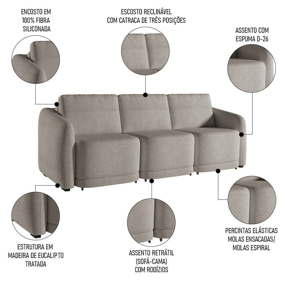 Sofá Cama Casal para Sala 246cm Polska Z08 Boucle Bege Escuro - Mpozenato