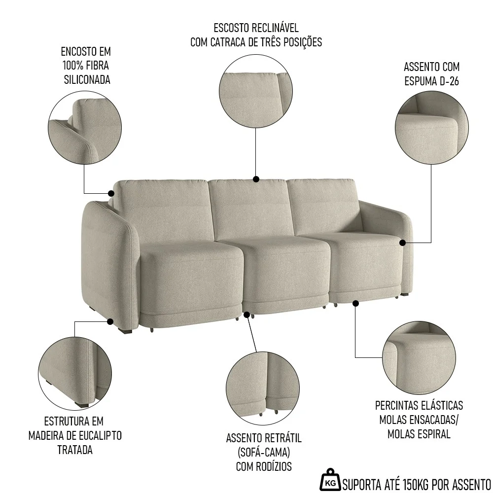 Sofá Cama Casal para Sala 276cm Polska Z08 Boucle Bege - Mpozenato
