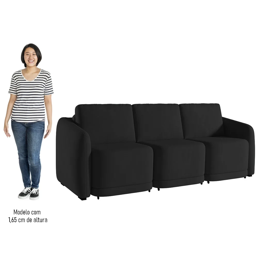 Sofá Cama Casal para Sala 276cm Polska Z08 Veludo Preto - Mpozenato