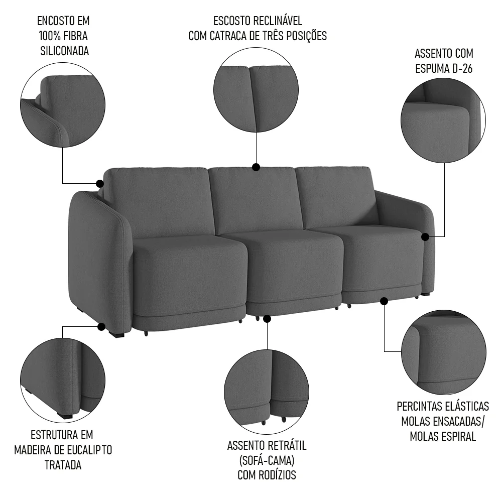 Sofá Cama Casal para Sala 306cm Polska Z08 Linho Cinza Escuro - Mpozenato