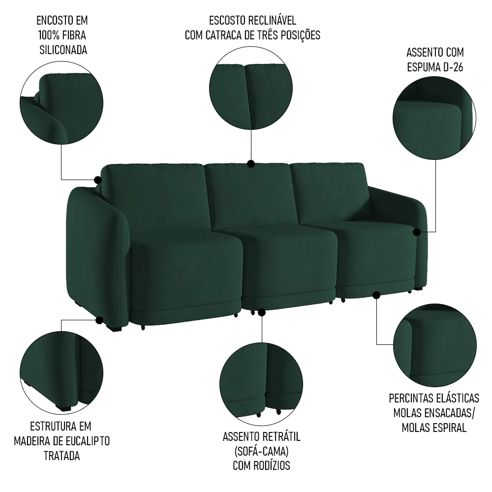 Sofá Cama Casal para Sala 306cm Polska Z08 Veludo Verde - Mpozenato