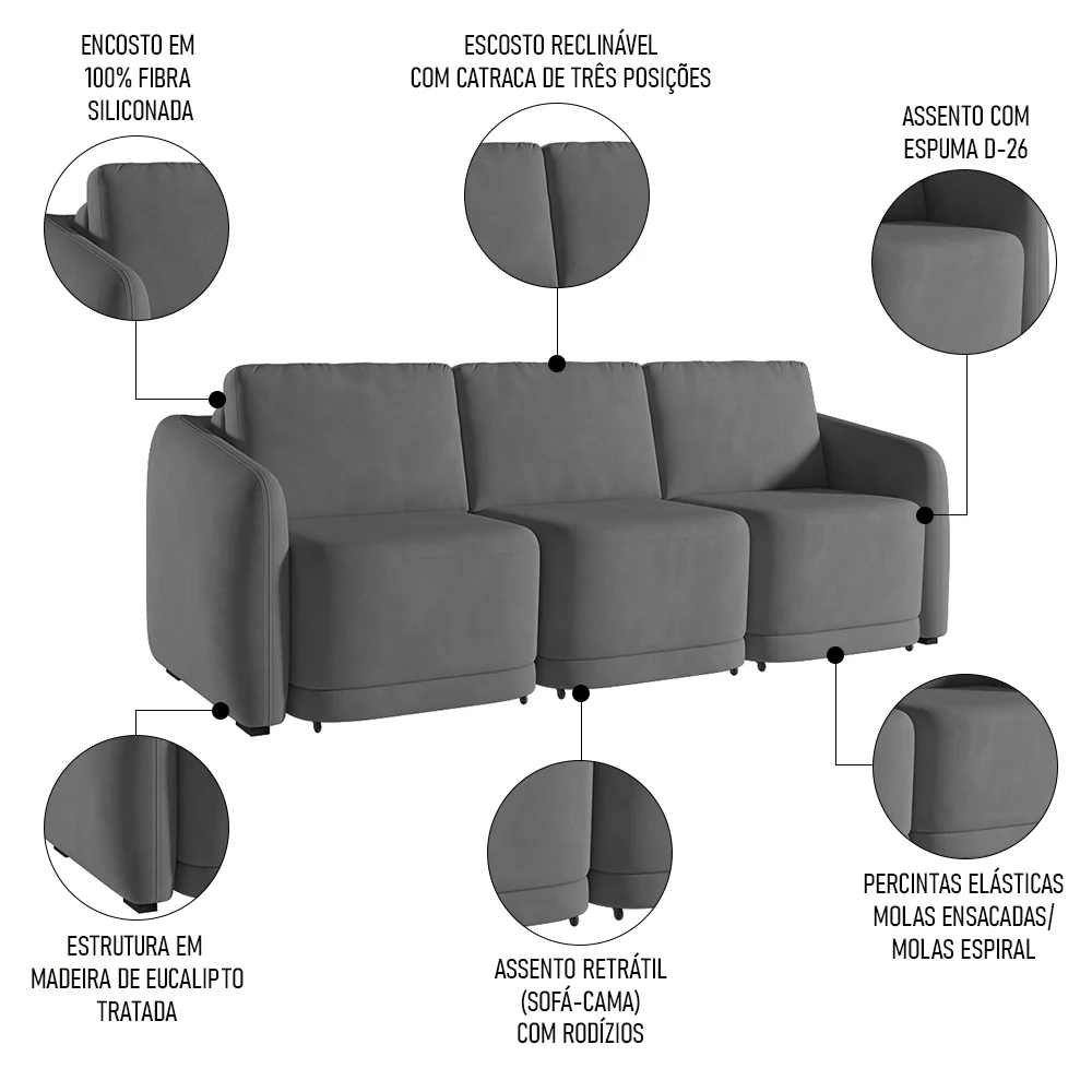 Sofá Cama Casal para Sala 306cm Polska Z08 Veludo Cinza Escuro - Mpozenato
