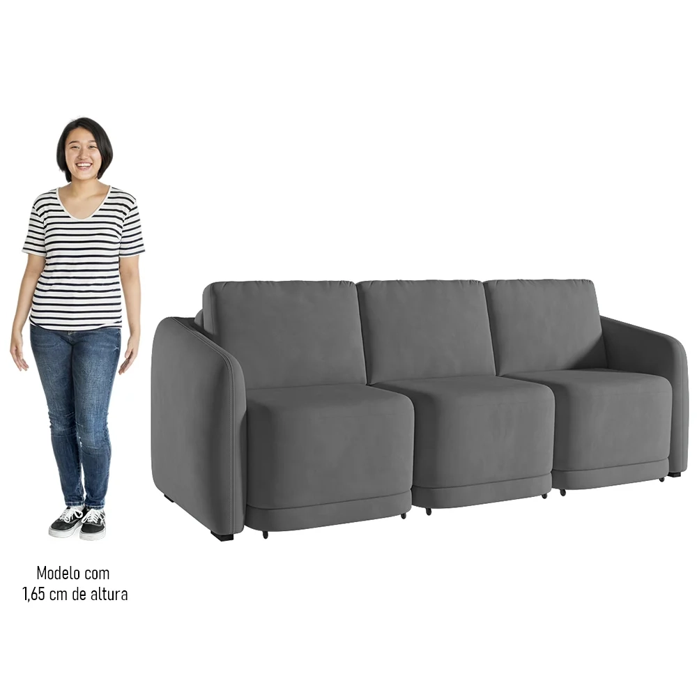 Sofá Cama Casal para Sala 306cm Polska Z08 Veludo Cinza Escuro - Mpozenato