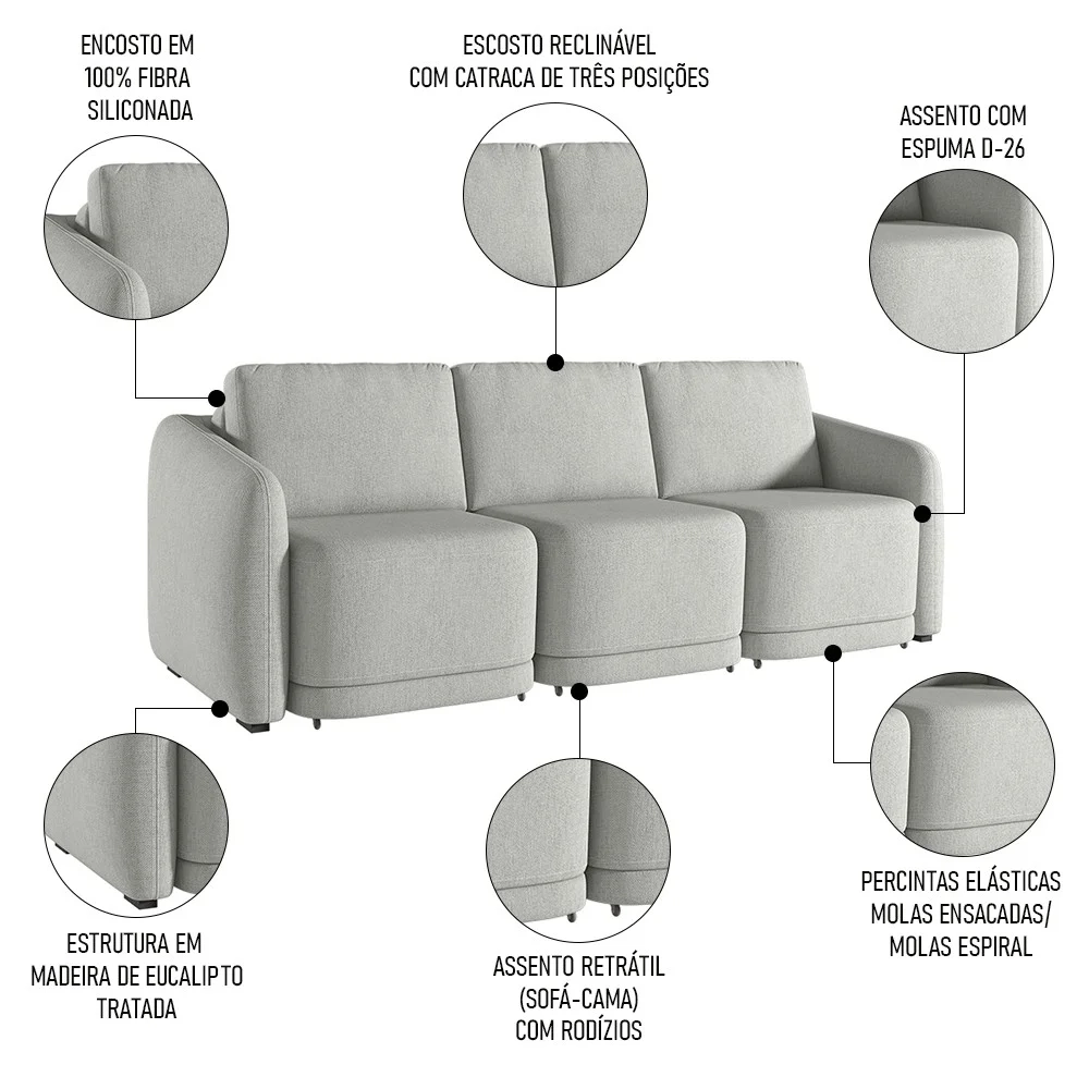 Sofá Cama Casal para Sala 336cm Polska Z08 Linho Cinza - Mpozenato