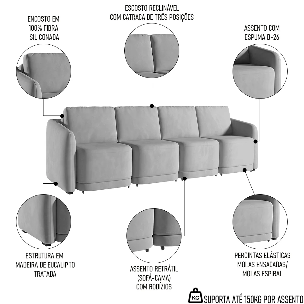 Sofá Cama Casal para Sala 356cm Polska Z08 Veludo Cinza - Mpozenato