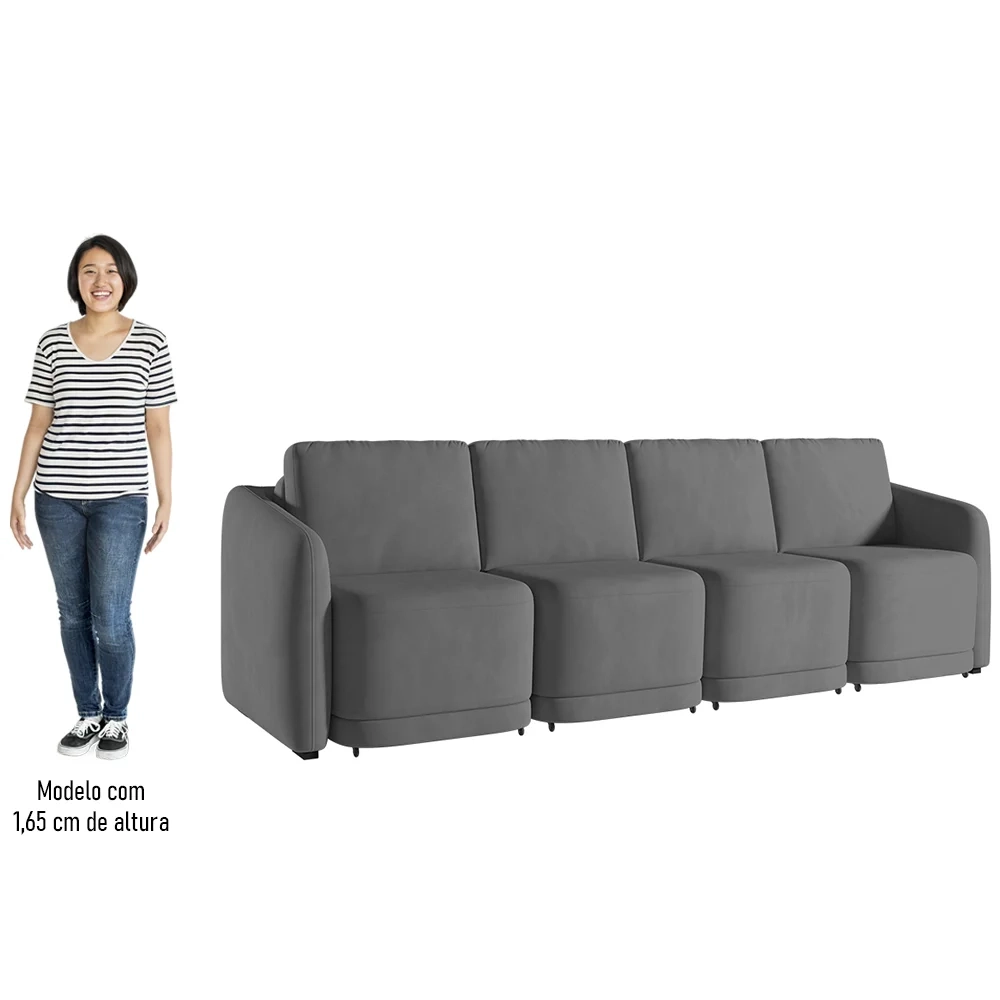 Sofá Cama Casal para Sala 356cm Polska Z08 Veludo Cinza Escuro - Mpozenato