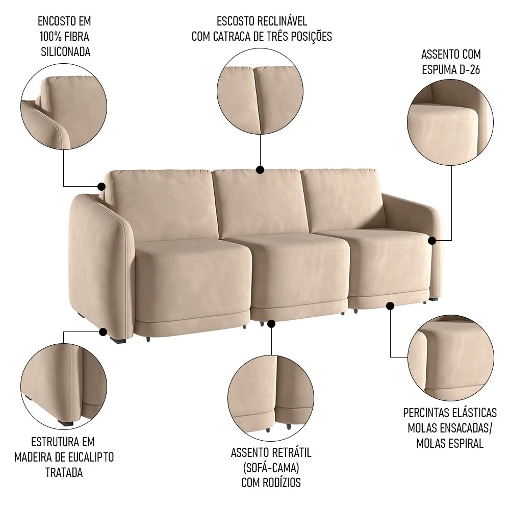 Sofá Cama Casal para Sala 336cm Polska Z08 Veludo Bege - Mpozenato