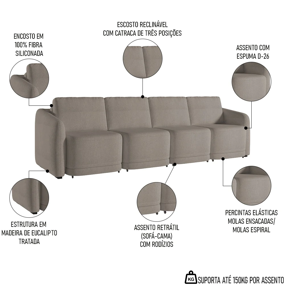 Sofá Cama Casal para Sala 396cm Polska Z08 Boucle Bege Escuro - Mpozenato