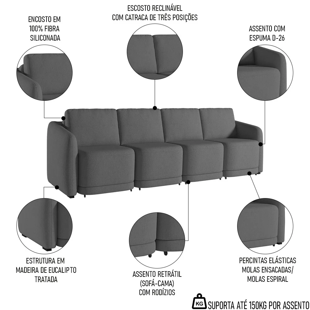 Sofá Cama Casal para Sala 396cm Polska Z08 Linho Cinza Escuro - Mpozenato