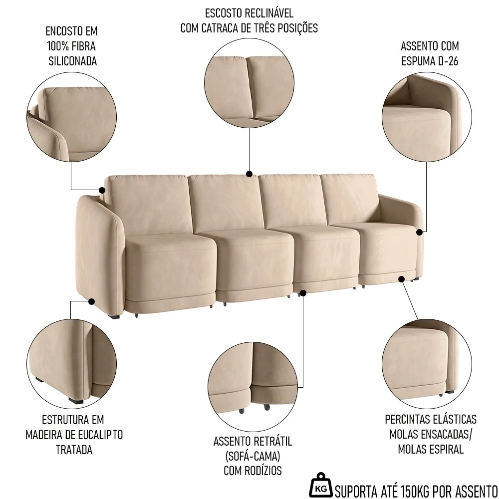 Sofá Cama Casal para Sala 396cm Polska Z08 Veludo Bege - Mpozenato