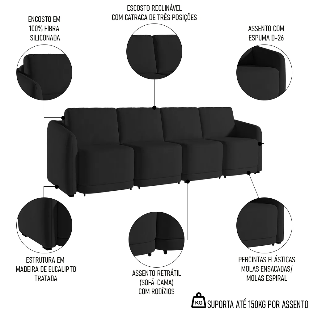 Sofá Cama Casal para Sala 396cm Polska Z08 Veludo Preto - Mpozenato