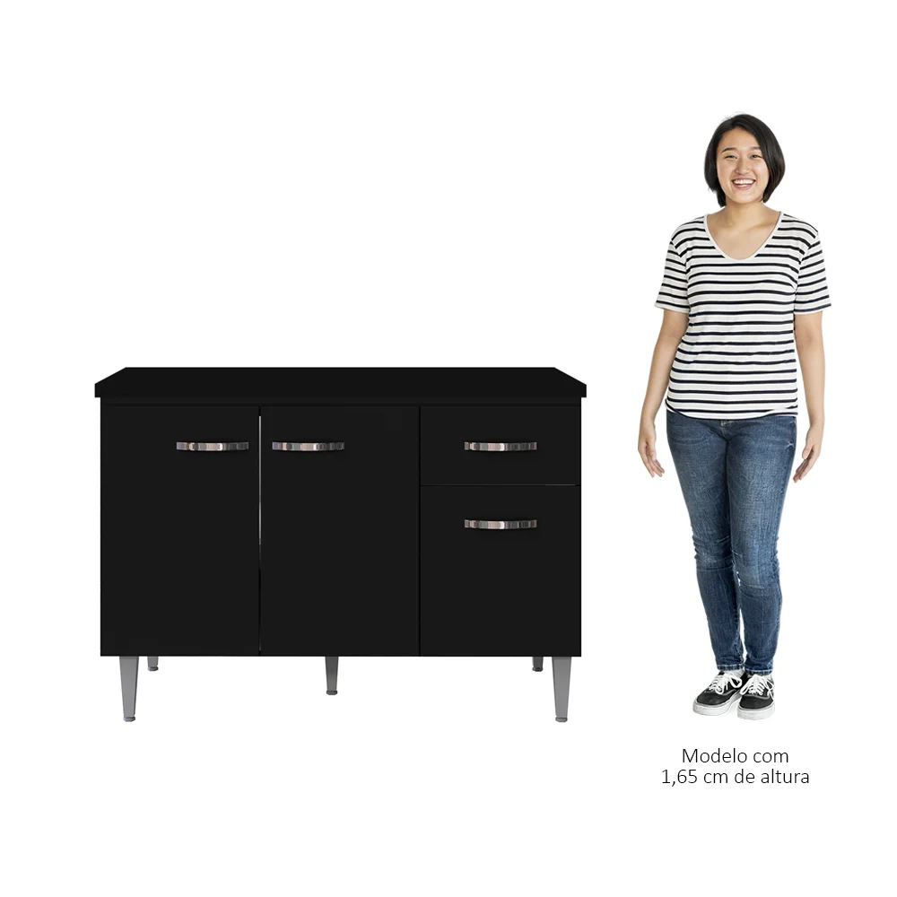 Balcão Gabinete Para Pia Com Tampo 120cm 3 Portas e 1 Gaveta Gabriela Preto - AJL Móveis