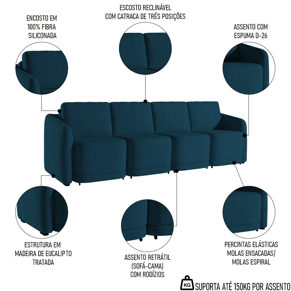 Sofá Cama Casal para Sala 396cm Polska Z08 Veludo Azul - Mpozenato
