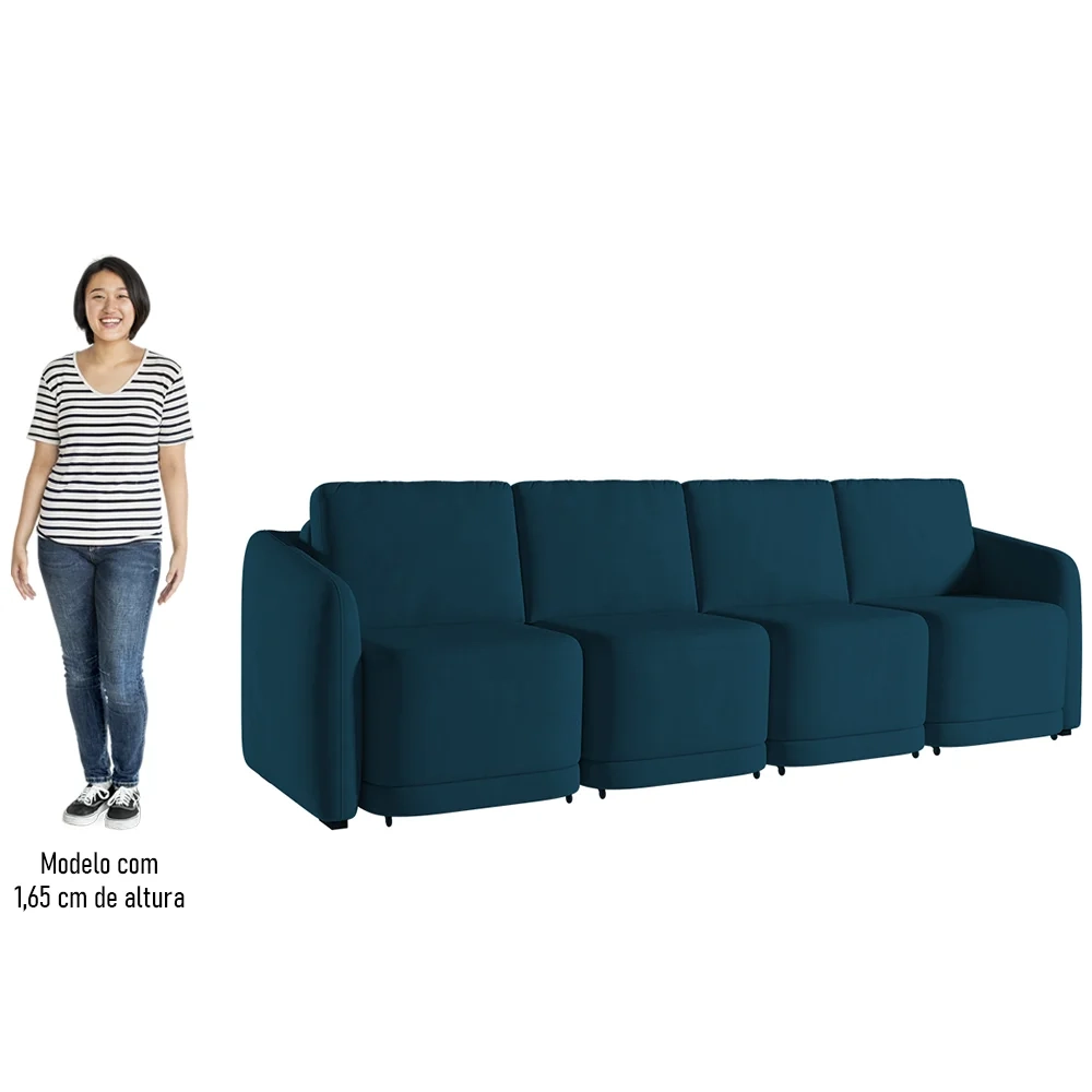 Sofá Cama Casal para Sala 396cm Polska Z08 Veludo Azul - Mpozenato