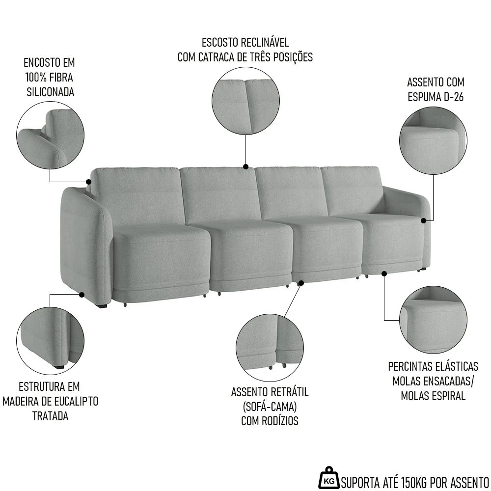 Sofá Cama Casal para Sala 436cm Polska Z08 Boucle Cinza Claro - Mpozenato
