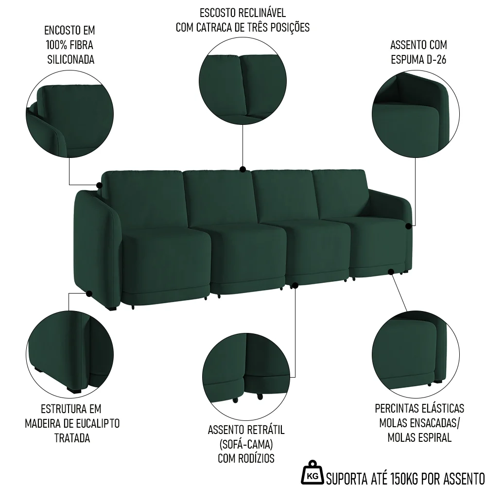 Sofá Cama Casal para Sala 436cm Polska Z08 Veludo Verde - Mpozenato