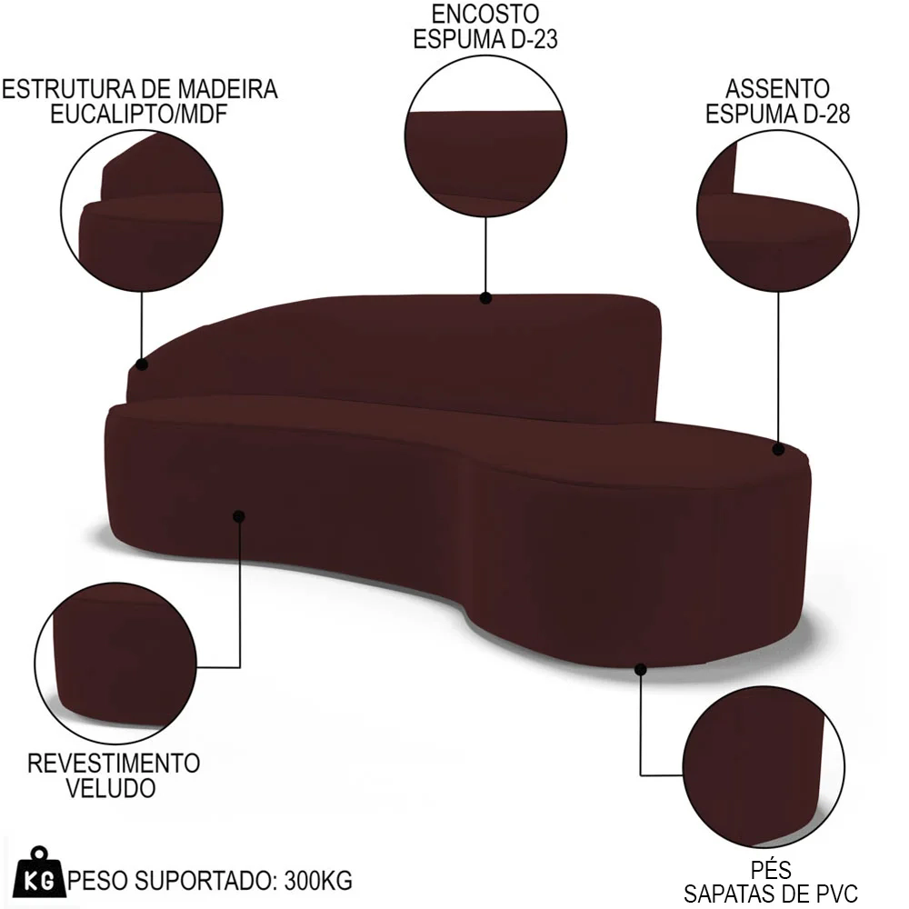 Sofá Living  3 Lugares 260cm Braço Esquerdo Mozart D06 Veludo Vermelho - Mpozenato