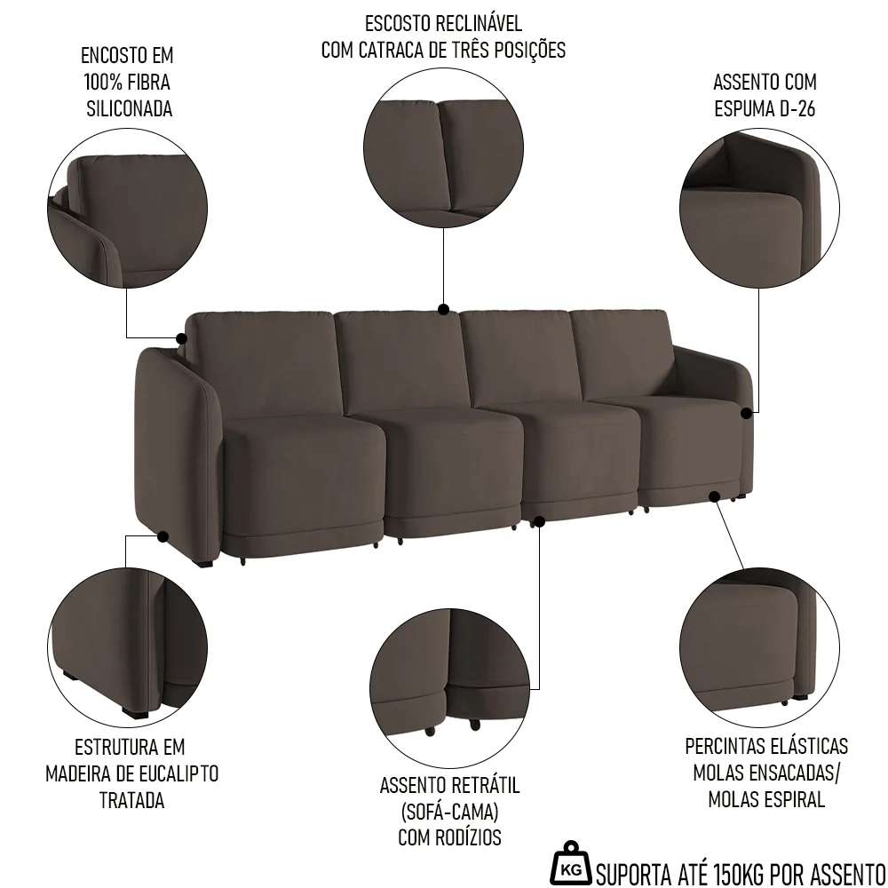 Sofá Cama Casal para Sala 436cm Polska Z08 Veludo Marrom - Mpozenato