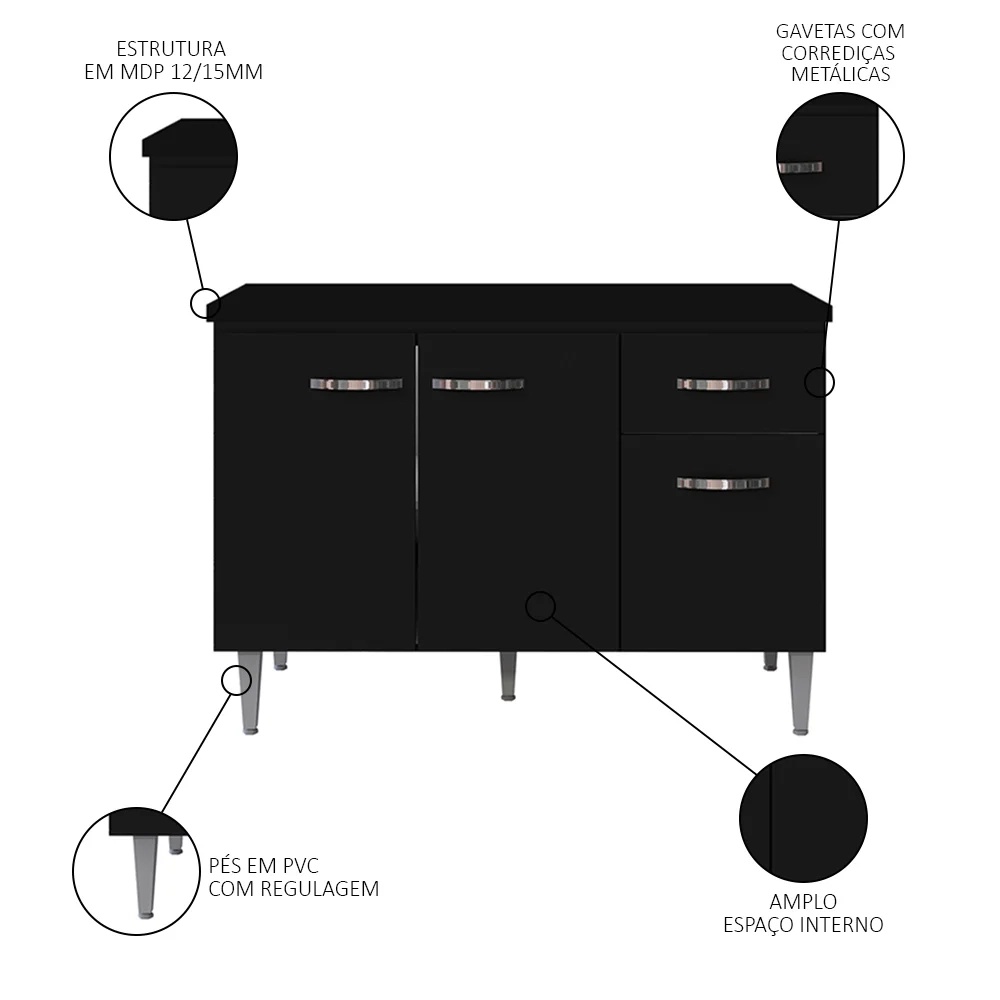 Balcão Gabinete Para Pia Com Tampo 120cm 3 Portas e 1 Gaveta Gabriela Preto - AJL Móveis