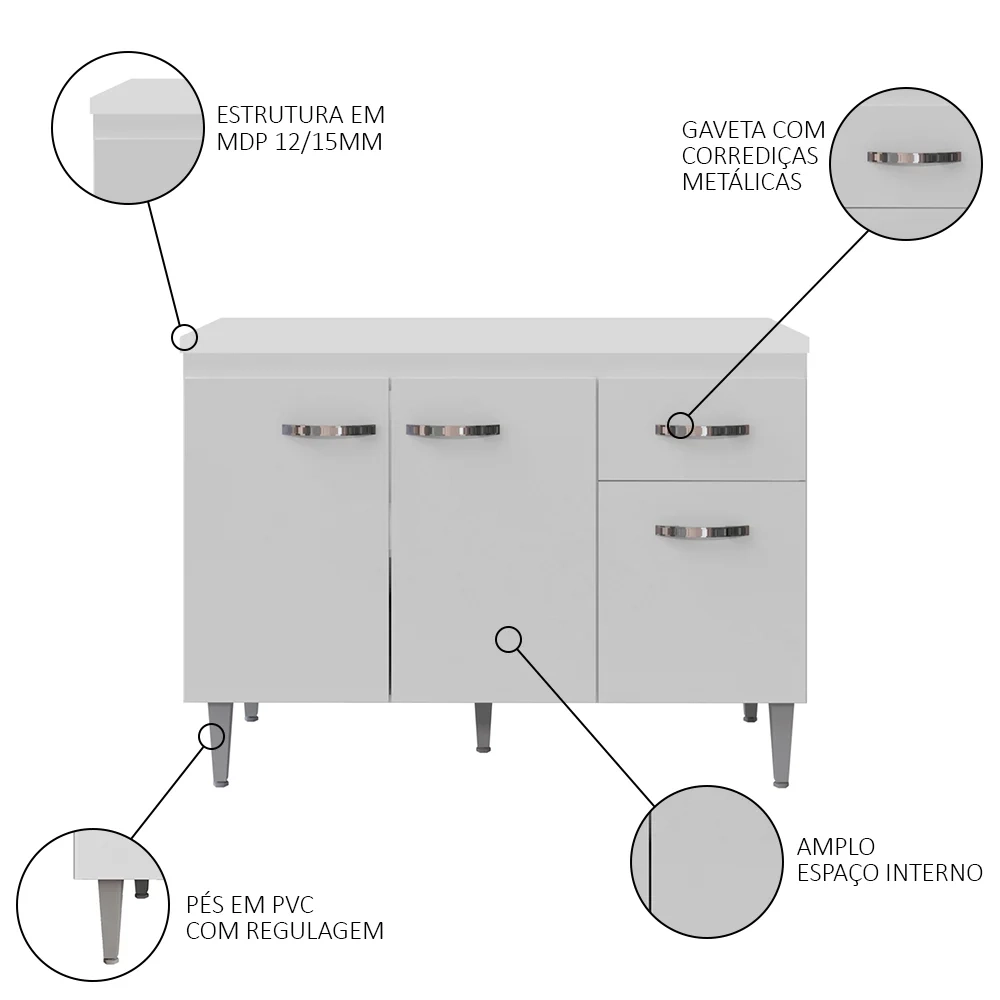 Balcão Gabinete Para Pia Com Tampo 120cm 3 Portas e 1 Gaveta Gabriela Branco - AJL Móveis