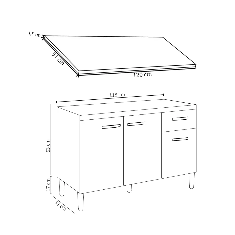 Balcão Gabinete Para Pia Com Tampo 120cm 3 Portas e 1 Gaveta Gabriela Branco - AJL Móveis