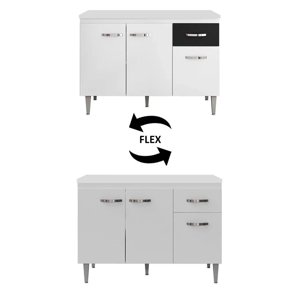 Balcão Gabinete Para Pia Com Tampo 120cm 3 Portas e 1 Gaveta Gabriela Branco - AJL Móveis