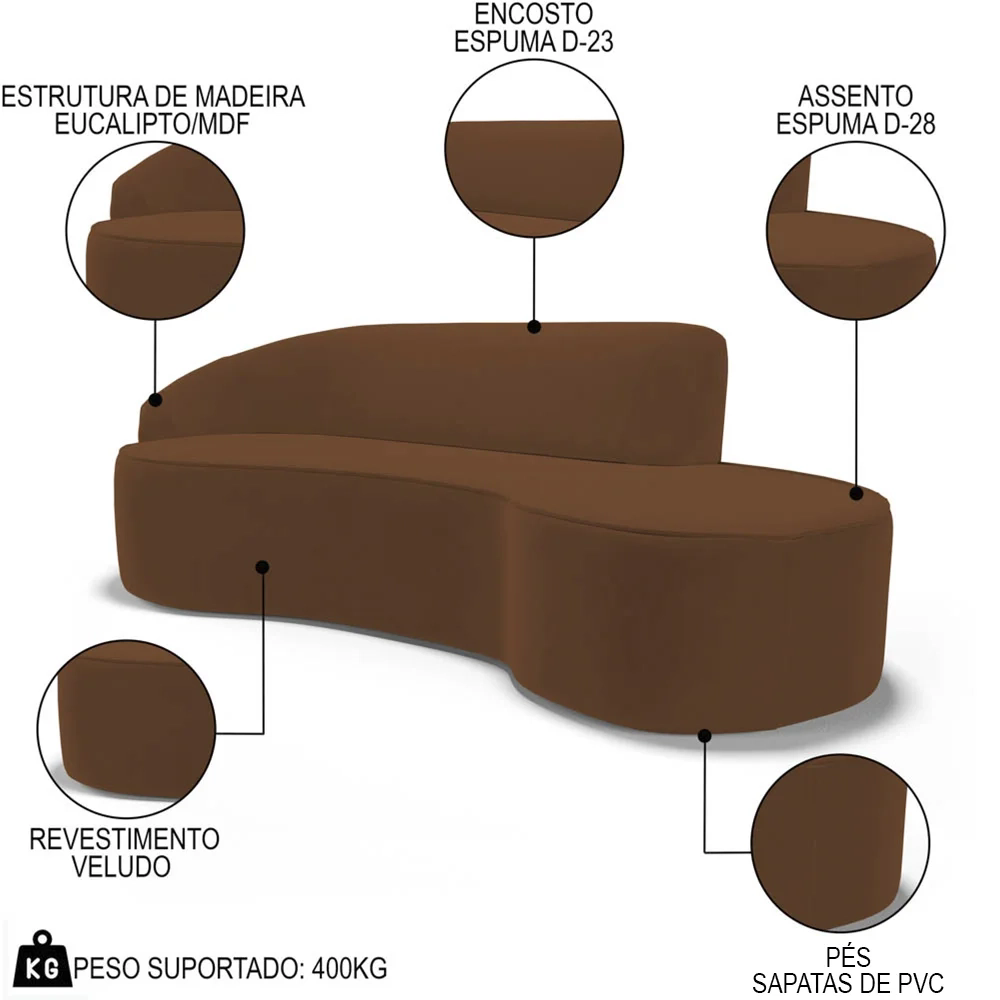 Sofá Living  4 Lugares 280cm Braço Esquerdo Mozart D06 Veludo Telha - Mpozenato