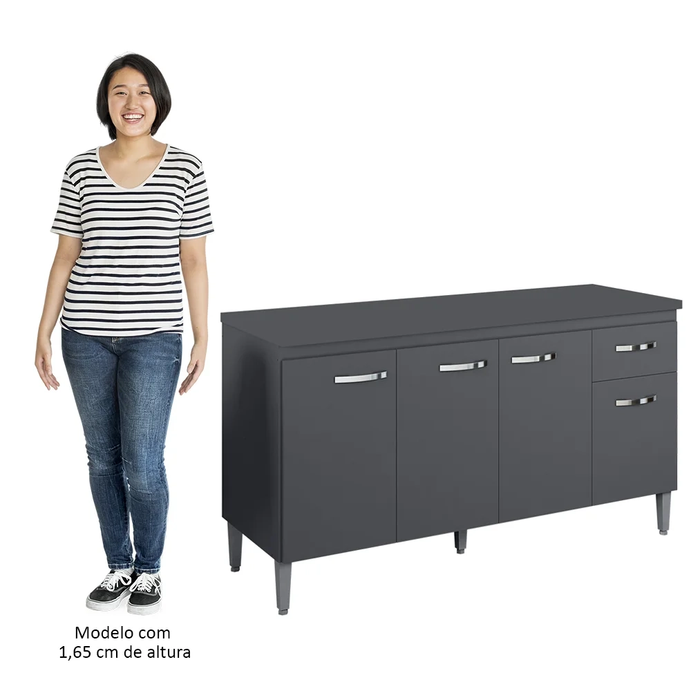 Balcão Gabinete Para Pia Com Tampo 150cm 4 Portas e 1 Gaveta Gabriela Cinza - AJL Móveis