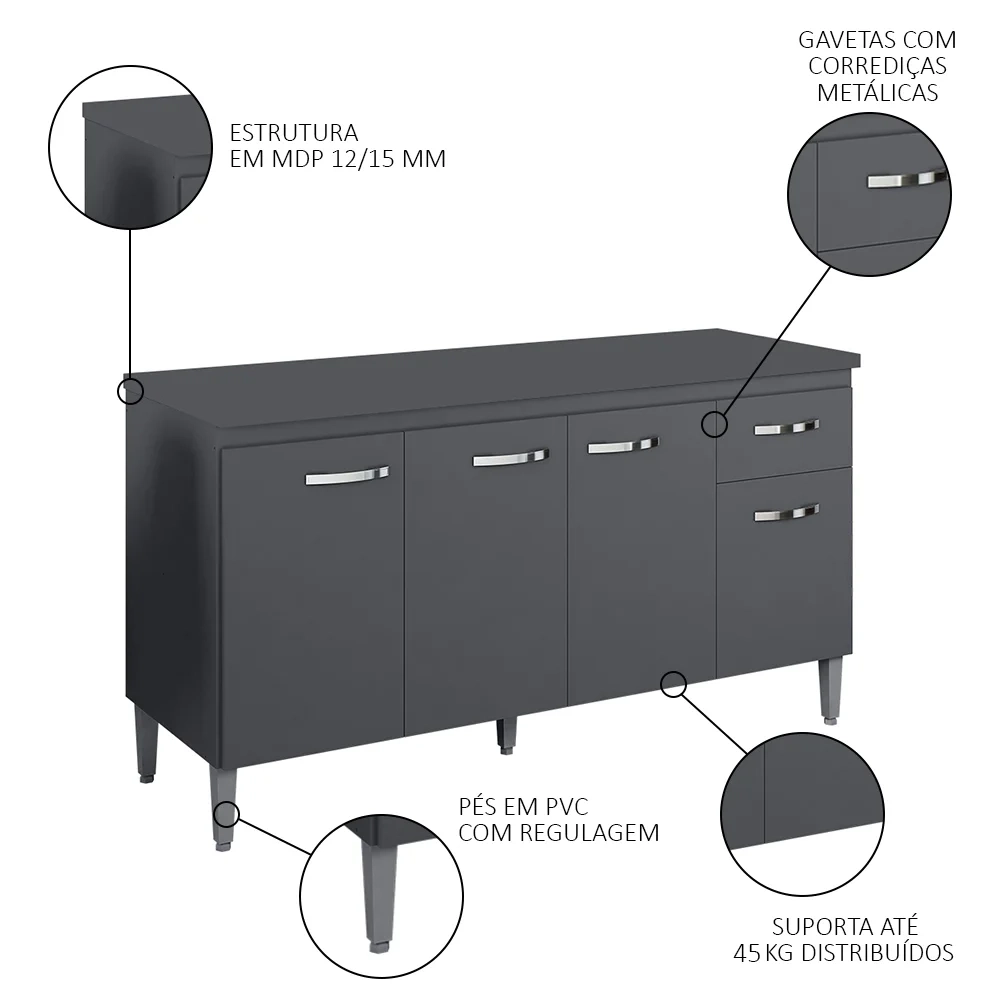 Balcão Gabinete Para Pia Com Tampo 150cm 4 Portas e 1 Gaveta Gabriela Cinza - AJL Móveis