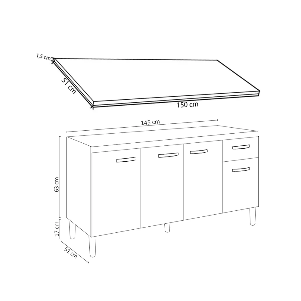 Balcão Gabinete Para Pia Com Tampo 150cm 4 Portas e 1 Gaveta Gabriela Preto - AJL Móveis